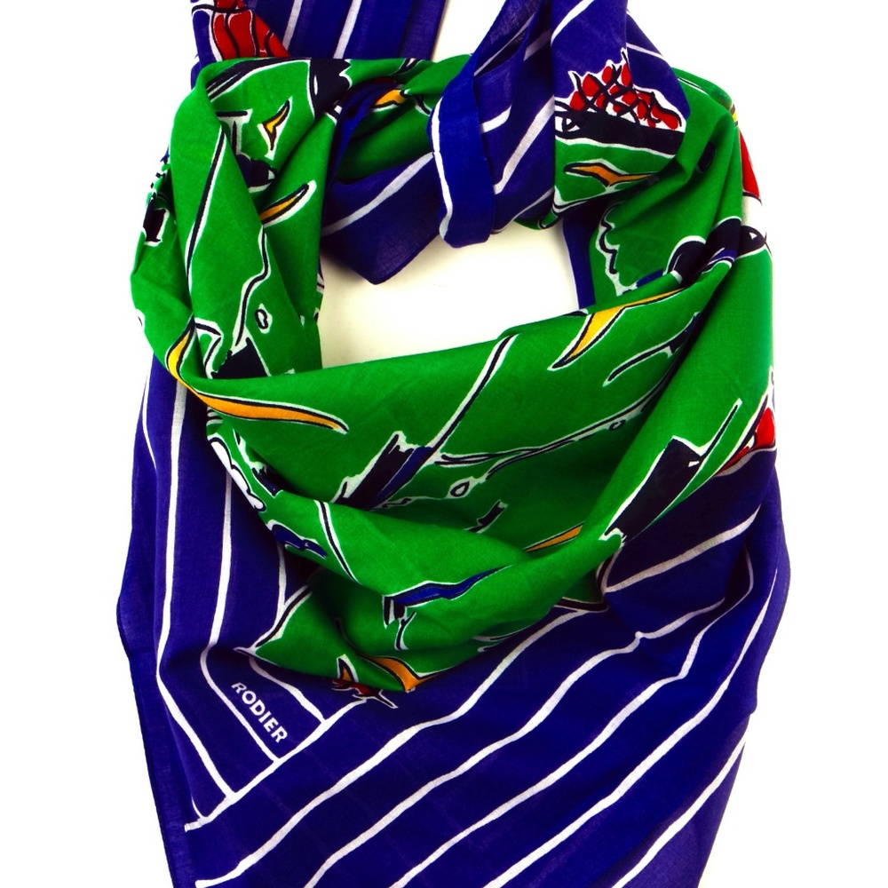 RODIER - 100% COTTON SQUARE SCARF SEAGULL SEASIDE COLLAGE Green Navy